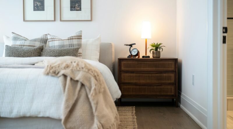 Cozy fall bedroom decor with layered neutral bedding, a warm bedside lamp and soft autumn lighting