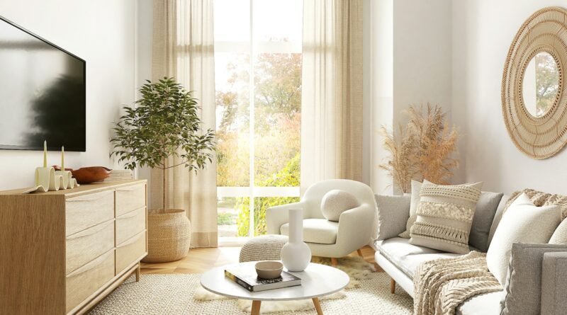 Apartment decor ideas: bright rental living room with a sofa and armchair beside a window
