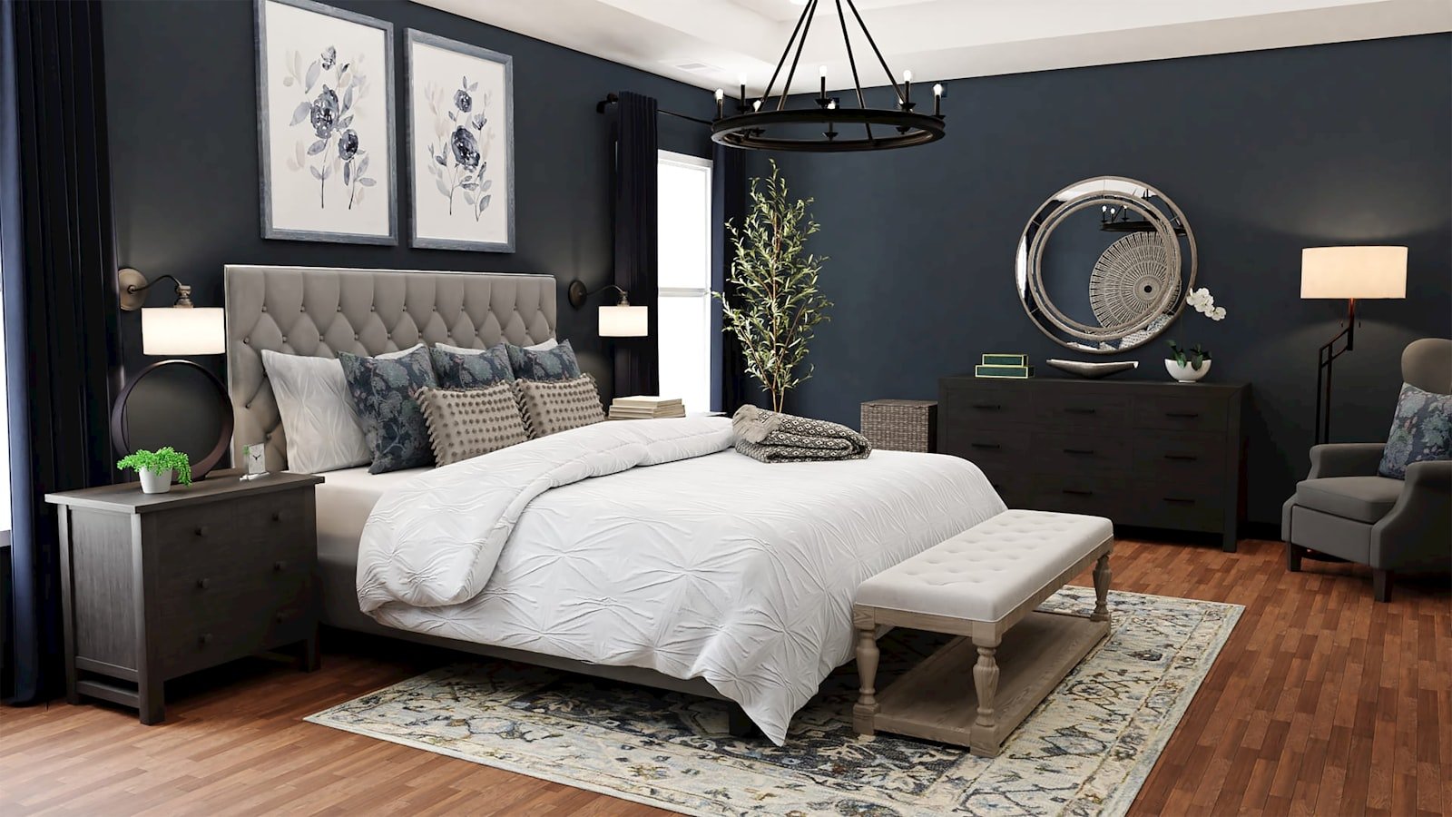 Blue bedroom idea pairing blue walls with warm wood furniture and neutral textiles