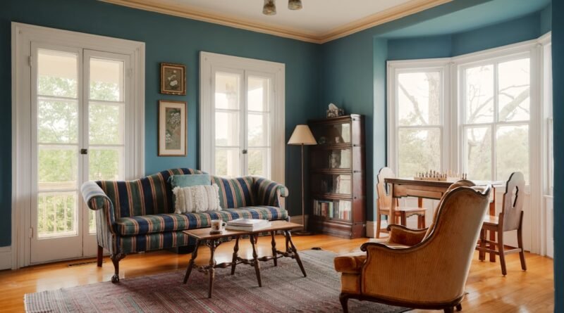 Blue living room with deep blue walls and a comfortable sofa, navy to coastal style