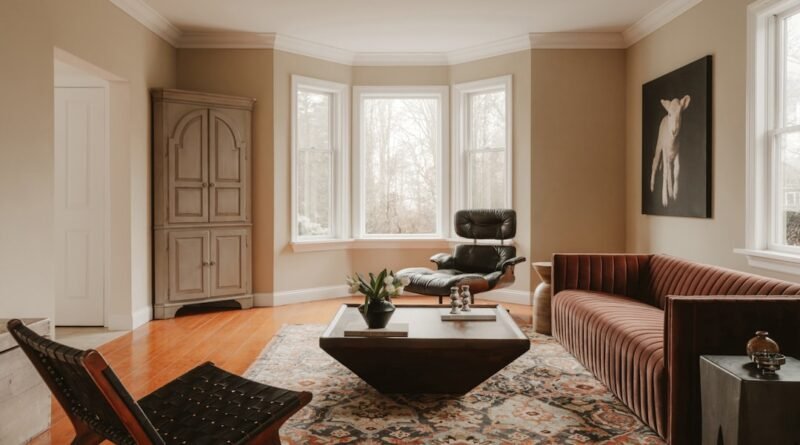 Warm brown living room with layered neutral furnishings and natural wood