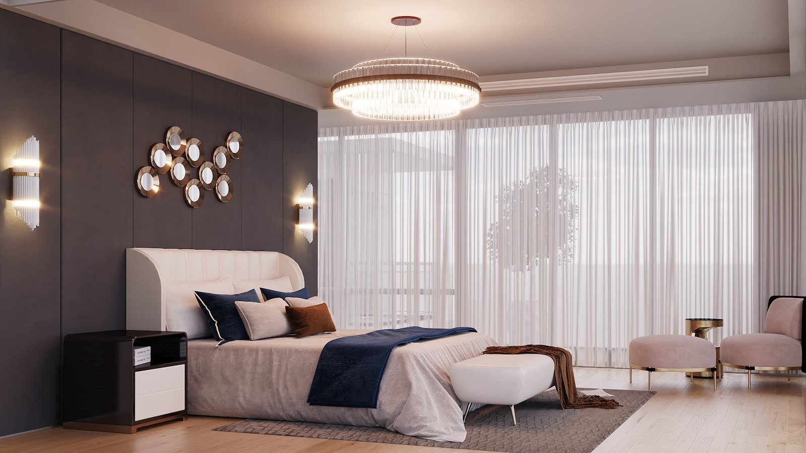 Charcoal and black bedroom wall with a tufted headboard, a dark bedroom color scheme