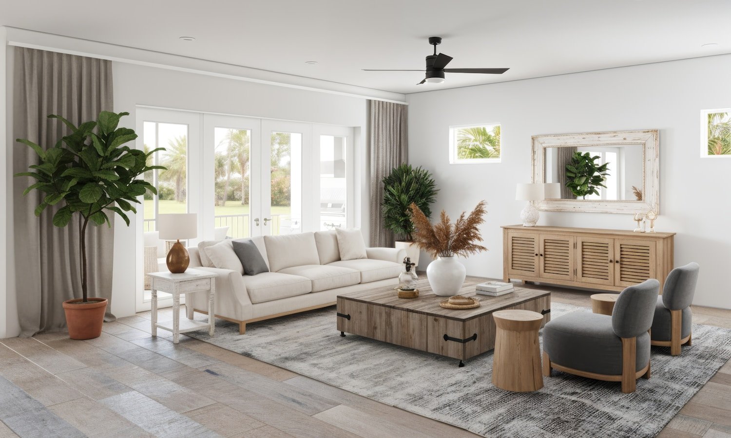 Bright coastal living room with off-white sofa and natural textures, a lighter take on navy living room ideas