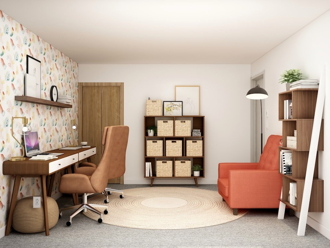 Wood and white storage cabinet styled for a calm home office