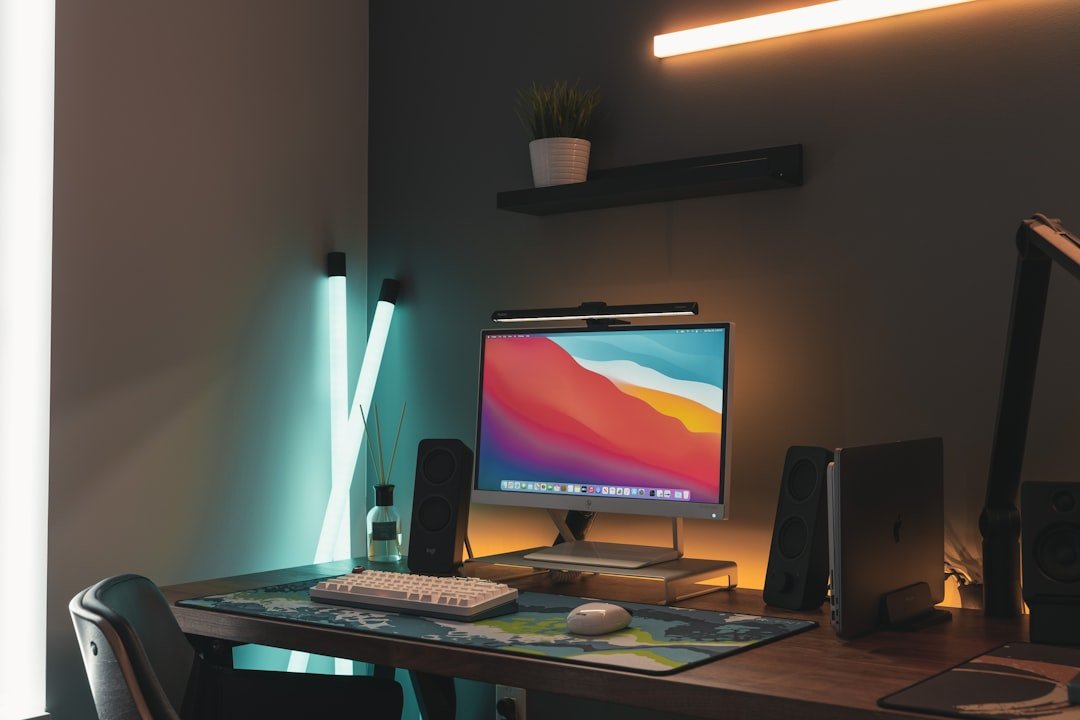 Home office workspace with a desk and practical storage