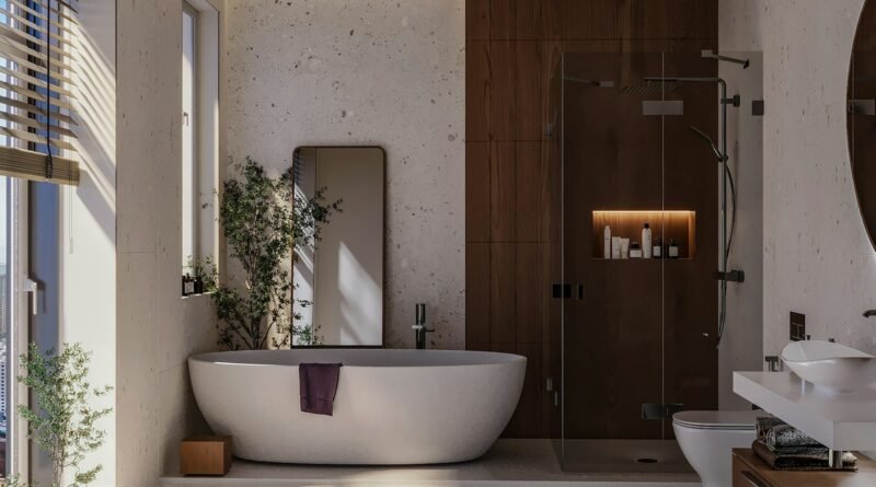 Modern bathroom ideas: a warm Scandinavian-inspired bathroom with clean lines, wood tones and soft light