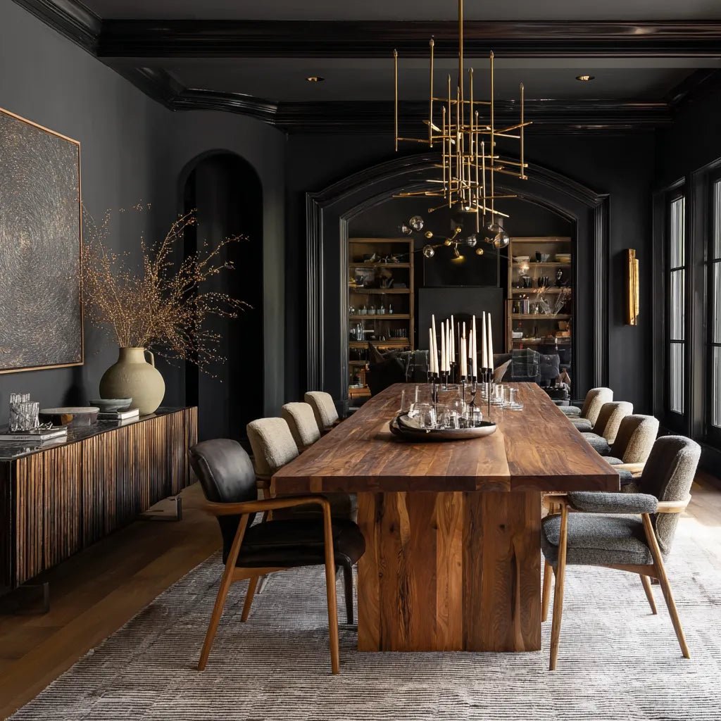 Moody dining room with a long dark wood table, upholstered chairs, charcoal walls, and sculptural brass lighting