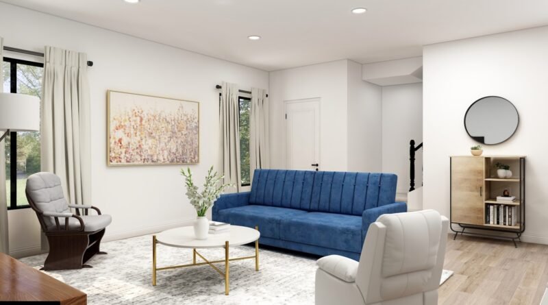 Navy blue sofa in a bright living room with pale walls, part of a guide to navy living room ideas