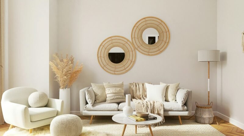 Neutral living room ideas with warm beige walls, a linen sofa and layered textures