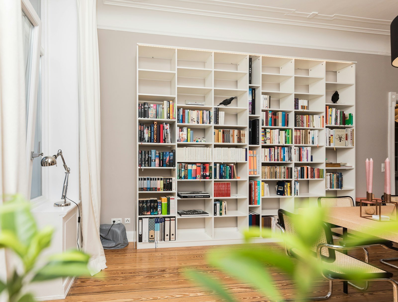 Open shelving unit holding books and baskets used for apartment storage and zoning