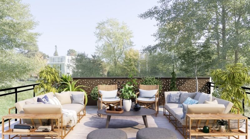 Outdoor living room with cushioned patio seating and a coffee table