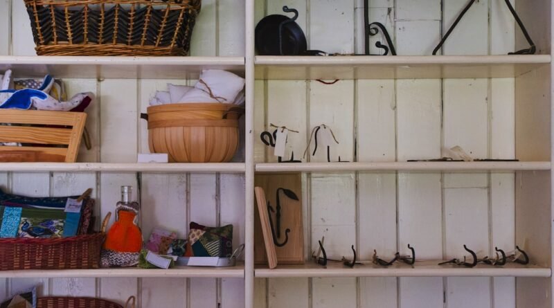 Organized home storage shelves with woven baskets and neatly arranged items