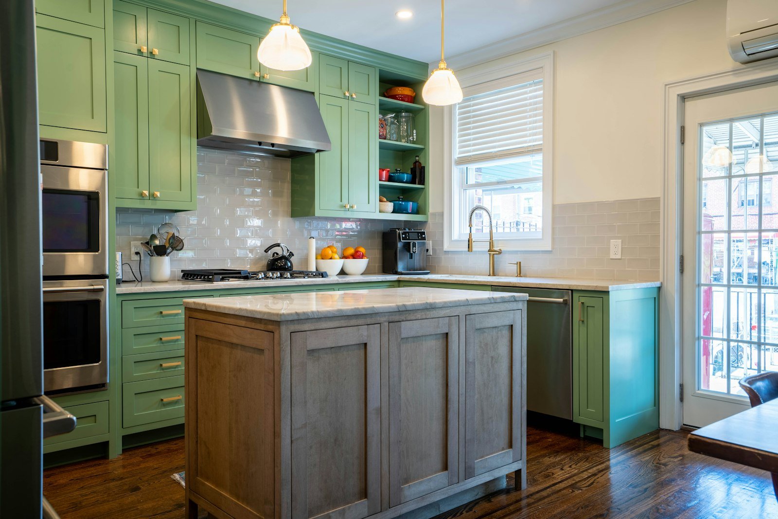 Two tone colorful kitchen ideas with colored cabinets and a center island