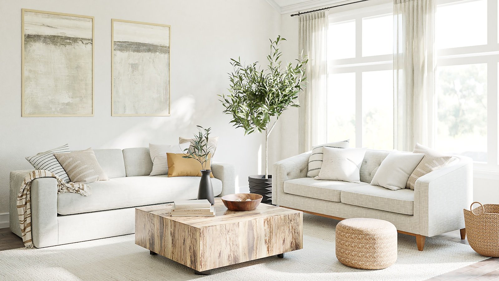 Warm neutral living room with soft beige walls and a large window, a good base for neutral living room ideas