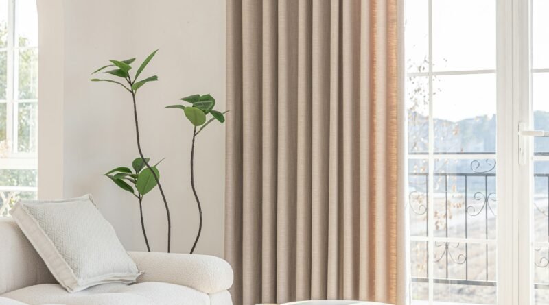 Bright living room with floor-to-ceiling neutral linen curtains framing a large window