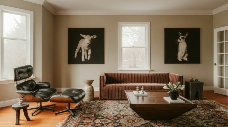 Living room mixing a rust velvet sofa, patterned rug and modern coffee table for a collected vintage look